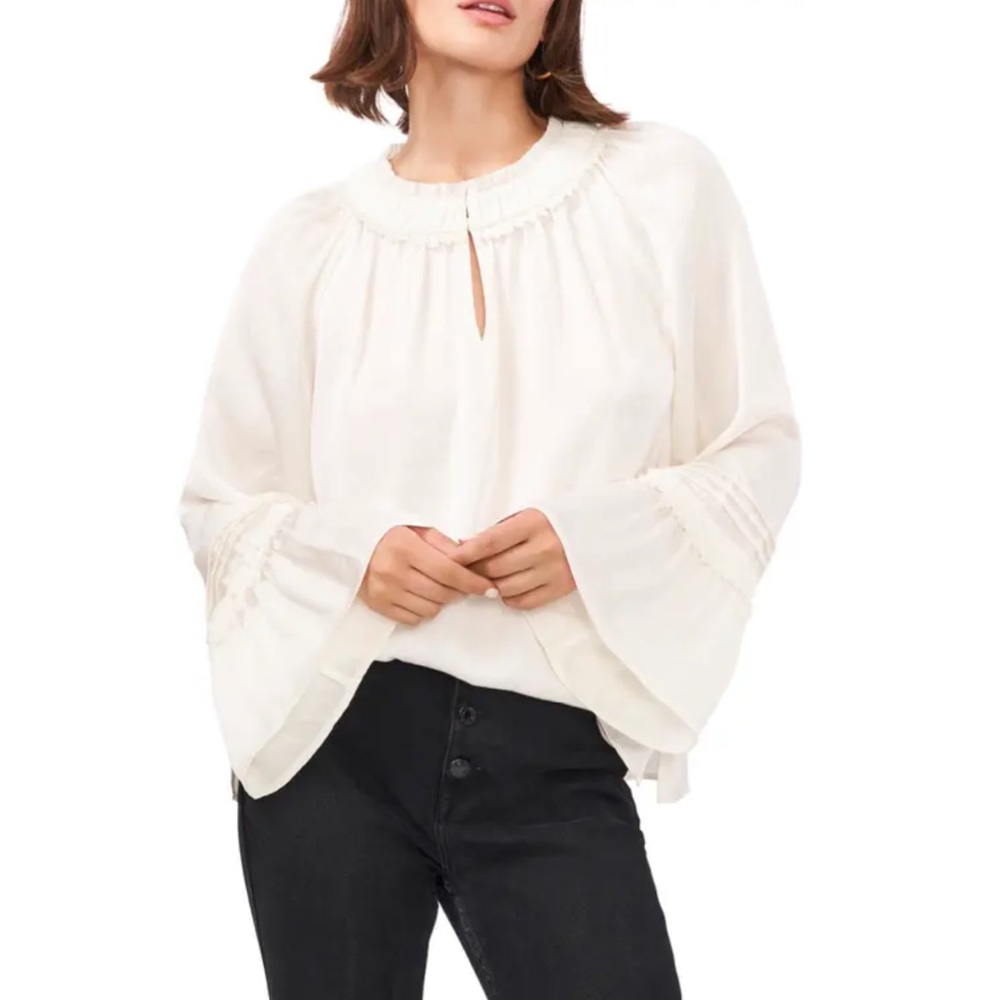Vince Camuto ruffle keyhole neck bell sleeve satin blouse Ivory XS